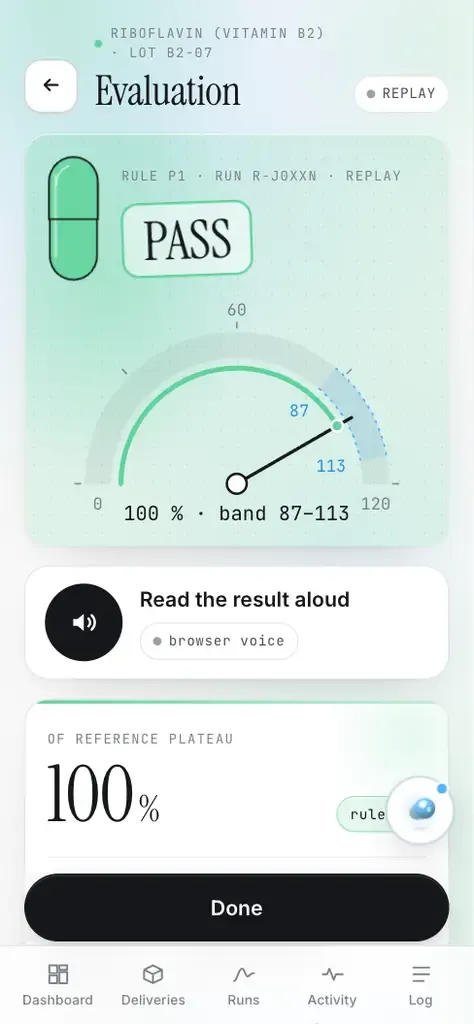 Clinic app run, verdict PASS rule P1 on a replay