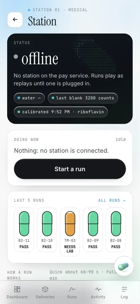 Clinic app station screen, status offline