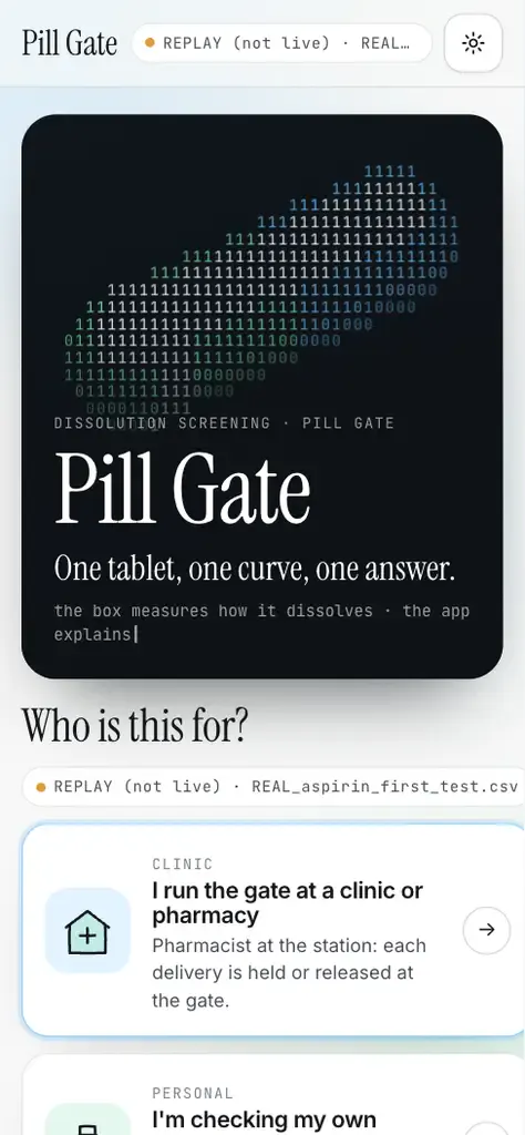 Pill Gate welcome screen with Clinic, Personal and Check modes